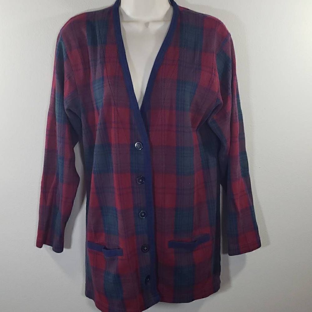 Talbots Women Cardigan Button Down Sweater Long Sleeve Plaid Red Blue Size Small